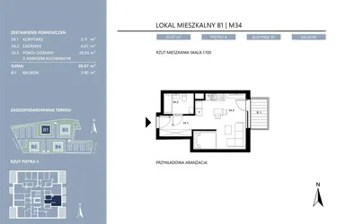 Rzut - Mieszkanie na sprzedaż 1 pokój o powierzchni 30,68 m² - numer B1.34 w Area Park etap II