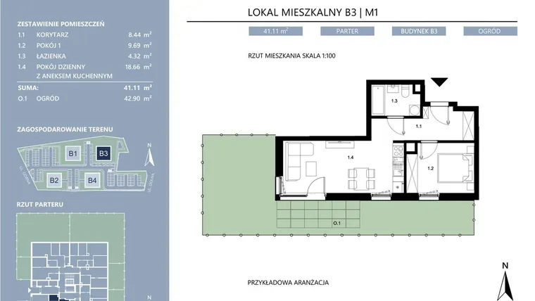 Rzut - Mieszkanie na sprzedaż 2 pokoje o powierzchni 41,11 m² - numer B3.1 w Area Park etap II