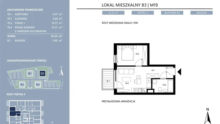 Rzut - Mieszkanie na sprzedaż 2 pokoje o powierzchni 35,23 m² - numer B3.19 w Area Park etap II