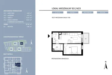 Rzut - Mieszkanie na sprzedaż 2 pokoje o powierzchni 37,53 m² - numer B3.23 w Area Park etap II