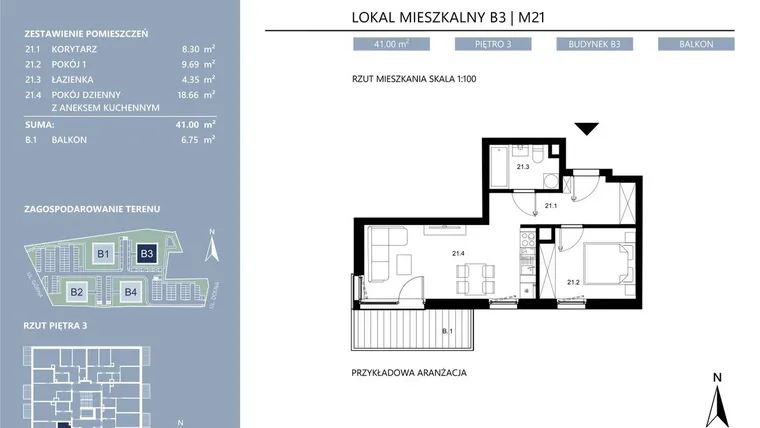 Rzut - Mieszkanie na sprzedaż 2 pokoje o powierzchni 41 m² - numer B3.21 w Area Park etap II