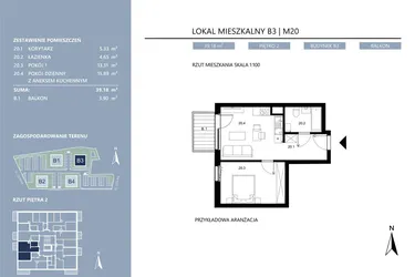 Rzut - Mieszkanie na sprzedaż 2 pokoje o powierzchni 39,18 m² - numer B3.20 w Area Park etap II