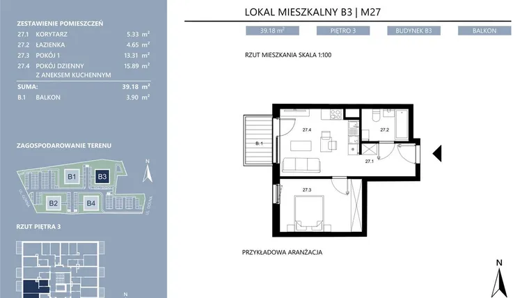 Rzut - Mieszkanie na sprzedaż 2 pokoje o powierzchni 39,18 m² - numer B3.27 w Area Park etap II