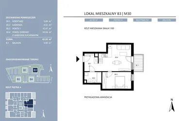 Rzut - Mieszkanie na sprzedaż 2 pokoje o powierzchni 42,92 m² - numer B3.30 w Area Park etap II