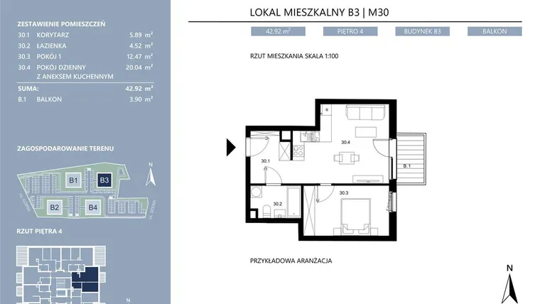 Rzut - Mieszkanie na sprzedaż 2 pokoje o powierzchni 42,92 m² - numer B3.30 w Area Park etap II