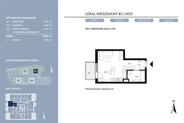 Rzut - Mieszkanie na sprzedaż 1 pokój o powierzchni 30,29 m² - numer B3.33 w Area Park etap II