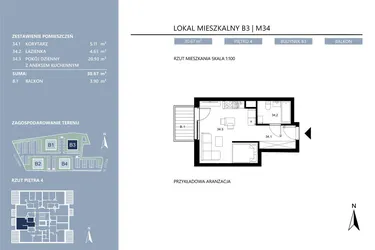 Rzut - Mieszkanie na sprzedaż 1 pokój o powierzchni 30,68 m² - numer B3.34 w Area Park etap II