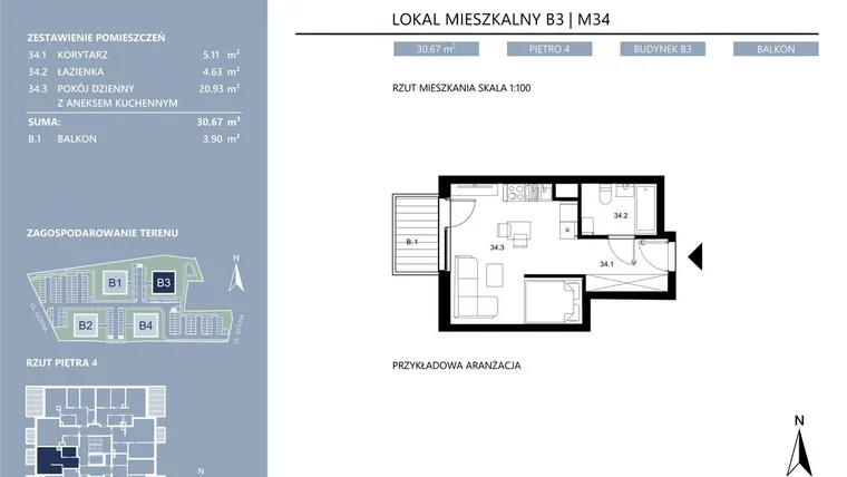 Rzut - Mieszkanie na sprzedaż 1 pokój o powierzchni 30,68 m² - numer B3.34 w Area Park etap II