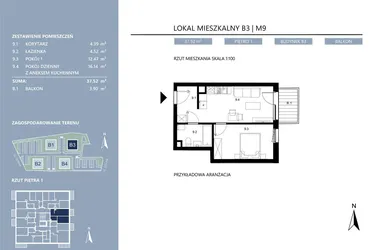 Rzut - Mieszkanie na sprzedaż 2 pokoje o powierzchni 37,53 m² - numer B3.9 w Area Park etap II
