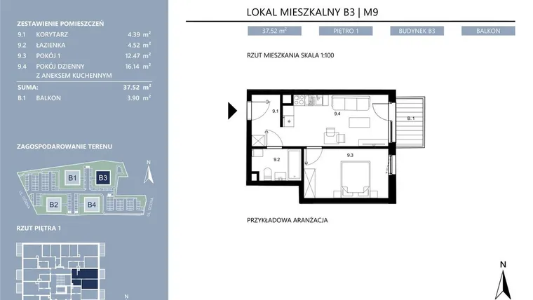 Rzut - Mieszkanie na sprzedaż 2 pokoje o powierzchni 37,53 m² - numer B3.9 w Area Park etap II