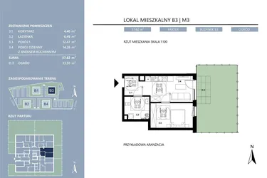 Rzut - Mieszkanie na sprzedaż 2 pokoje o powierzchni 35,83 m² - numer B3.3 w Area Park etap II