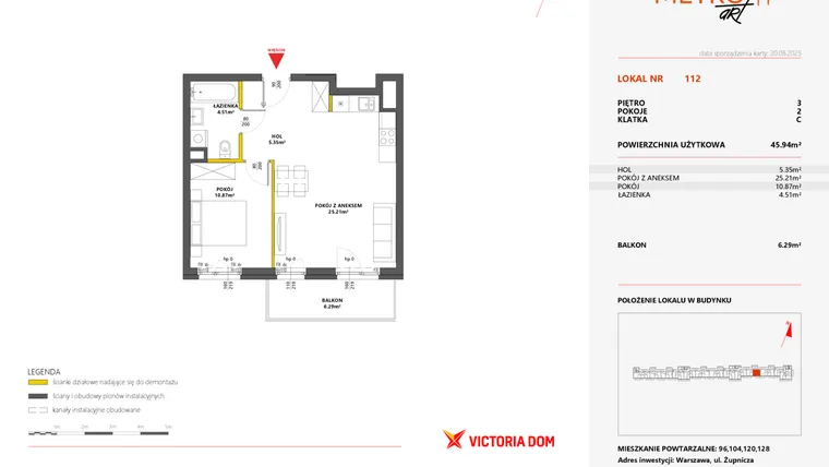 Rzut - Mieszkanie na sprzedaż 2 pokoje o powierzchni 45,94 m² - numer 112 w Metro Art 14