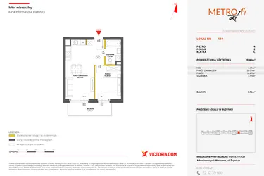 Rzut - Mieszkanie na sprzedaż 2 pokoje o powierzchni 39,4 m² - numer 119 w Metro Art 14