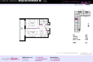 Rzut - Mieszkanie na sprzedaż 2 pokoje o powierzchni 40,41 m² - numer 180 w Wojciechowska Square etap II