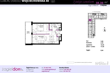Rzut - Mieszkanie na sprzedaż 2 pokoje o powierzchni 38,83 m² - numer 181 w Wojciechowska Square etap II