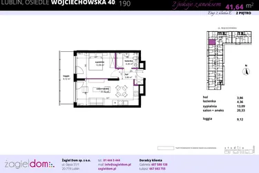 Rzut - Mieszkanie na sprzedaż 2 pokoje o powierzchni 42,14 m² - numer 190 w Wojciechowska Square etap II