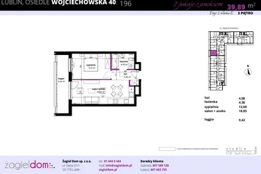 Rzut - Mieszkanie na sprzedaż 2 pokoje o powierzchni 40,41 m² - numer 196 w Wojciechowska Square etap II