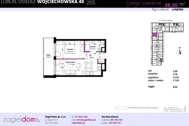 Rzut - Mieszkanie na sprzedaż 2 pokoje o powierzchni 38,83 m² - numer 205 w Wojciechowska Square etap II