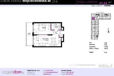 Rzut - Mieszkanie na sprzedaż 2 pokoje o powierzchni 42,14 m² - numer 214 w Wojciechowska Square etap II