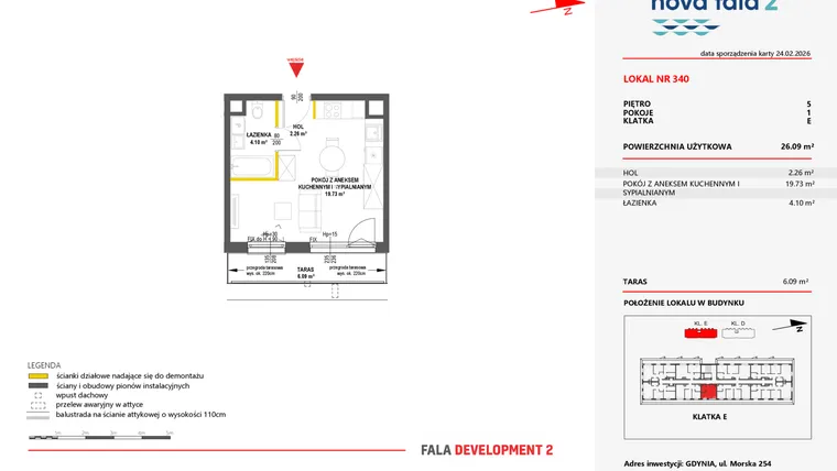 Rzut - Mieszkanie na sprzedaż 1 pokój o powierzchni 26,09 m² - numer 340 w Miasteczko Nova Fala 2