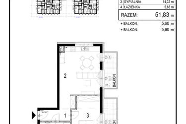 Rzut - Mieszkanie na sprzedaż 2 pokoje o powierzchni 51,83 m² - numer A1.7 w Inwestycja Olszankowa