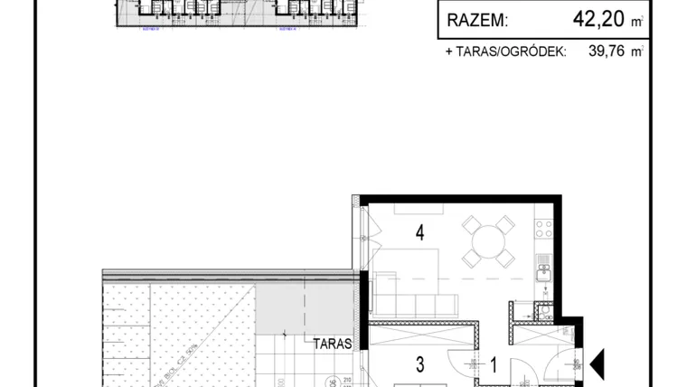 Rzut - Mieszkanie na sprzedaż 2 pokoje o powierzchni 42,2 m² - numer A1.4 w Inwestycja Olszankowa