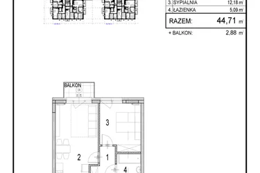 Rzut - Mieszkanie na sprzedaż 2 pokoje o powierzchni 44,71 m² - numer A1.13 w Inwestycja Olszankowa
