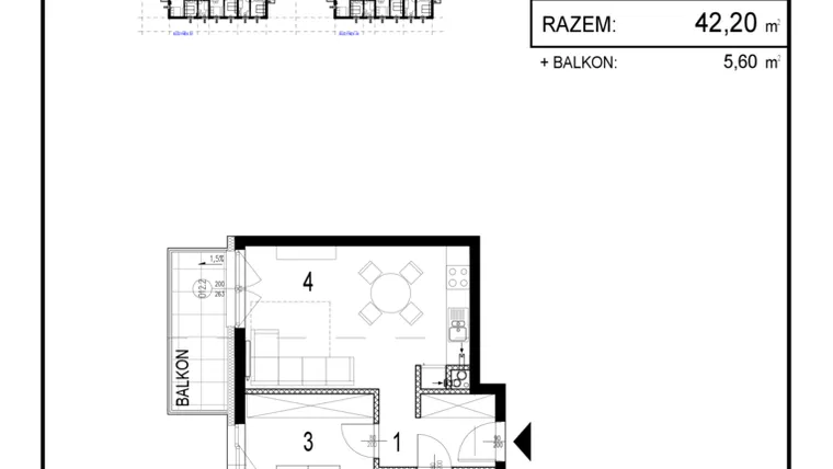 Rzut - Mieszkanie na sprzedaż 2 pokoje o powierzchni 42,2 m² - numer A1.18 w Inwestycja Olszankowa