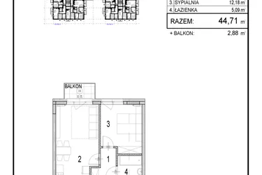 Rzut - Mieszkanie na sprzedaż 2 pokoje o powierzchni 44,71 m² - numer A1.20 w Inwestycja Olszankowa
