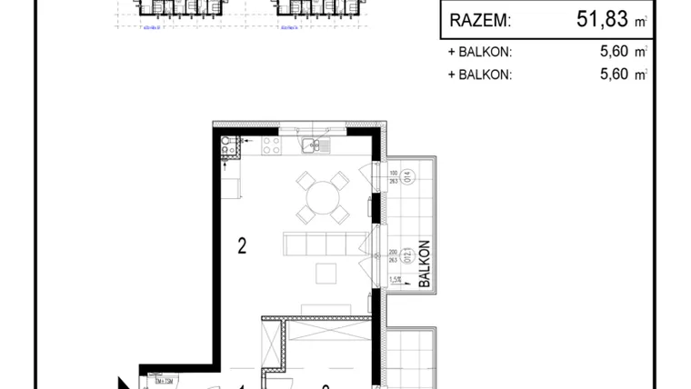 Rzut - Mieszkanie na sprzedaż 2 pokoje o powierzchni 51,83 m² - numer A1.21 w Inwestycja Olszankowa