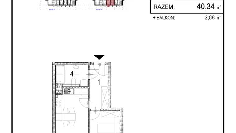 Rzut - Mieszkanie na sprzedaż 2 pokoje o powierzchni 40,34 m² - numer A1.23 w Inwestycja Olszankowa
