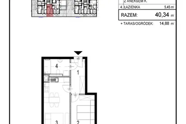 Rzut - Mieszkanie na sprzedaż 2 pokoje o powierzchni 40,34 m² - numer B1.2 w Inwestycja Olszankowa