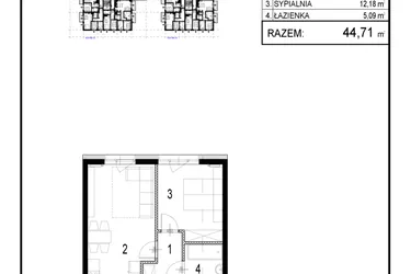 Rzut - Mieszkanie na sprzedaż 2 pokoje o powierzchni 44,71 m² - numer B1.6 w Inwestycja Olszankowa