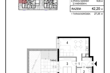 Rzut - Mieszkanie na sprzedaż 2 pokoje o powierzchni 42,2 m² - numer B1.4 w Inwestycja Olszankowa