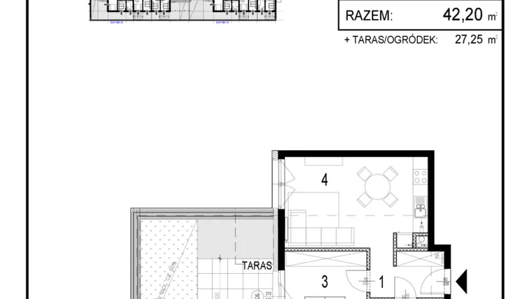 Rzut - Mieszkanie na sprzedaż 2 pokoje o powierzchni 42,2 m² - numer B1.4 w Inwestycja Olszankowa