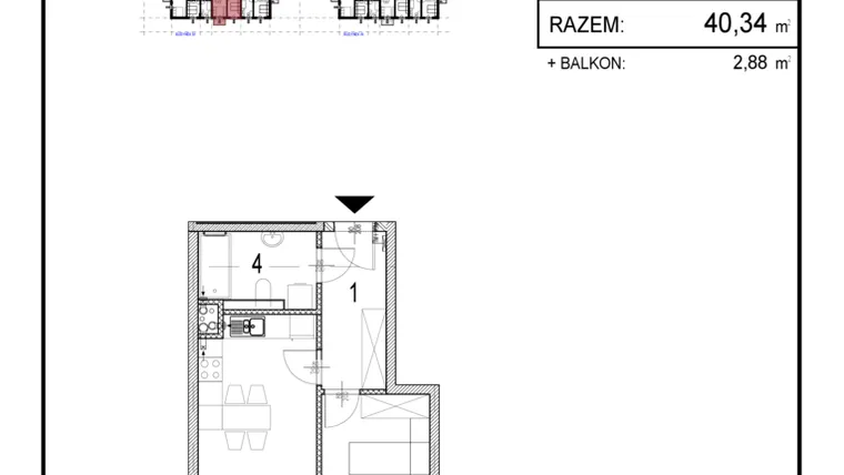 Rzut - Mieszkanie na sprzedaż 2 pokoje o powierzchni 40,34 m² - numer B1.9 w Inwestycja Olszankowa