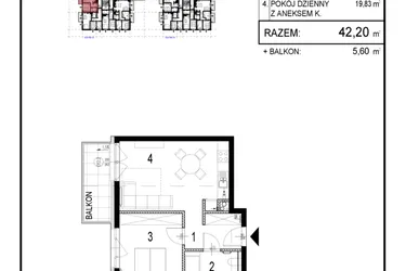 Rzut - Mieszkanie na sprzedaż 2 pokoje o powierzchni 42,2 m² - numer B1.11 w Inwestycja Olszankowa