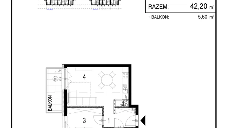 Rzut - Mieszkanie na sprzedaż 2 pokoje o powierzchni 42,2 m² - numer B1.11 w Inwestycja Olszankowa