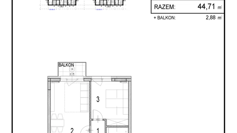 Rzut - Mieszkanie na sprzedaż 2 pokoje o powierzchni 44,71 m² - numer B1.13 w Inwestycja Olszankowa