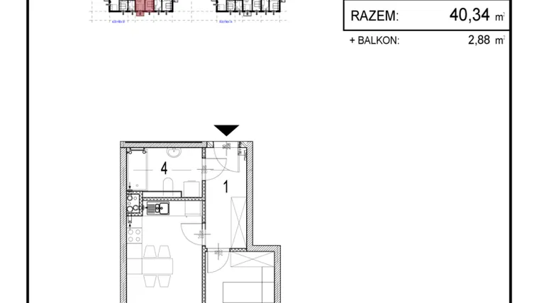 Rzut - Mieszkanie na sprzedaż 2 pokoje o powierzchni 40,34 m² - numer B1.16 w Inwestycja Olszankowa