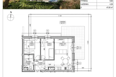 Rzut - Mieszkanie na sprzedaż 3 pokoje o powierzchni 47 m² - numer A2.00.01 w Aura bud. A2