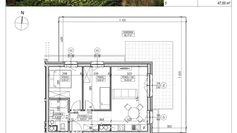 Rzut - Mieszkanie na sprzedaż 3 pokoje o powierzchni 47 m² - numer A2.00.01 w Aura bud. A2