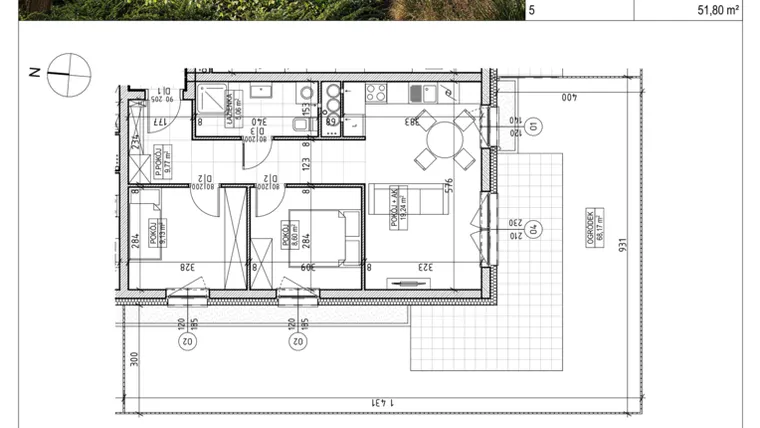 Rzut - Mieszkanie na sprzedaż 3 pokoje o powierzchni 51,8 m² - numer A2.00.05 w Aura bud. A2