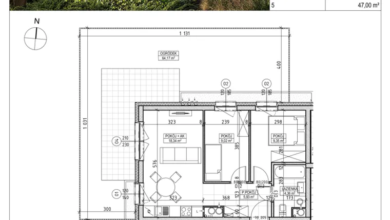 Rzut - Mieszkanie na sprzedaż 3 pokoje o powierzchni 47 m² - numer A2.00.06 w Aura bud. A2