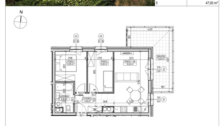 Rzut - Mieszkanie na sprzedaż 3 pokoje o powierzchni 47 m² - numer A2.01.07 w Aura bud. A2
