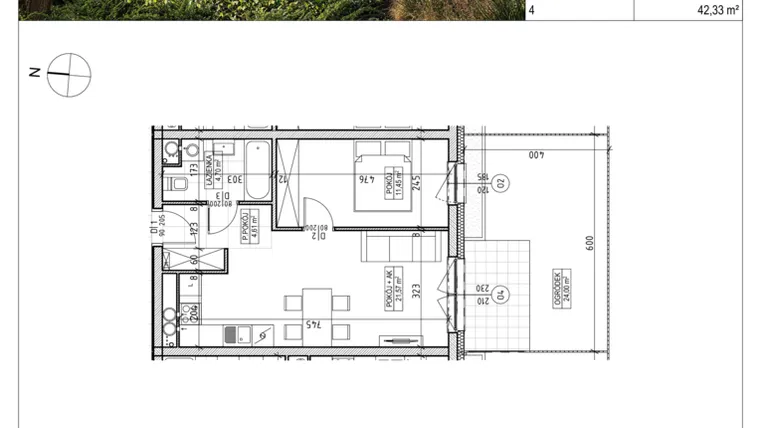 Rzut - Mieszkanie na sprzedaż 2 pokoje o powierzchni 42,33 m² - numer A2.00.04 w Aura bud. A2