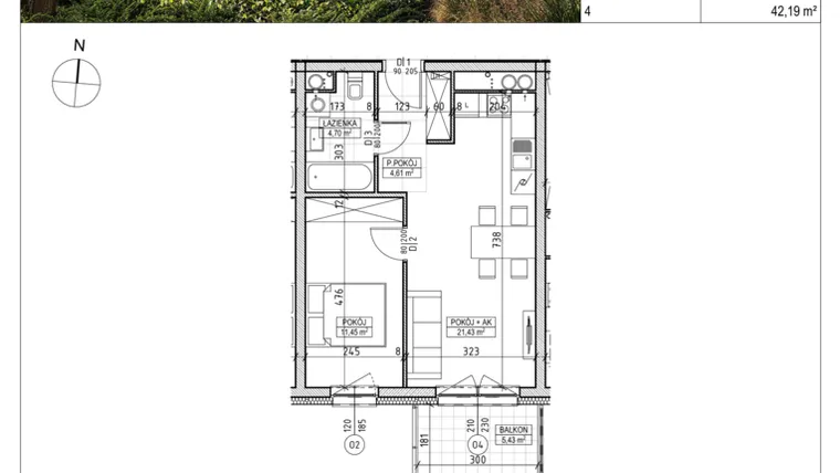 Rzut - Mieszkanie na sprzedaż 2 pokoje o powierzchni 42,19 m² - numer A2.01.09 w Aura bud. A2