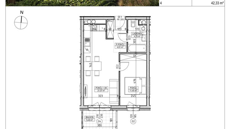 Rzut - Mieszkanie na sprzedaż 2 pokoje o powierzchni 42,33 m² - numer A2.04.28 w Aura bud. A2