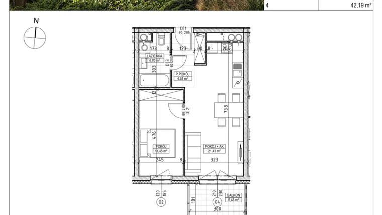 Rzut - Mieszkanie na sprzedaż 2 pokoje o powierzchni 42,19 m² - numer A2.03.21 w Aura bud. A2