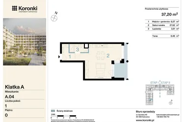 Rzut - Mieszkanie na sprzedaż 1 pokój o powierzchni 37,2 m² - numer A.04 w Koronki Apartamenty Korfantego - Etap I